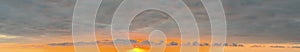 Sunset cloudy sky 360 panorama. Cloudscape nature background