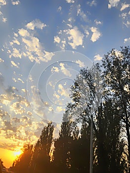 Sunset cloudy sky with picturesque clouds lit by warm sunset sunlight. Country road at sunset