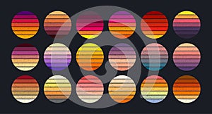 Sunset collection in retro 70s and 80s style with grunge texture. Vintage sunsets in different colors. Distressed striped circles