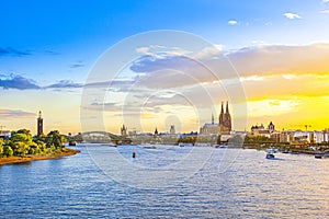 Sunset in cologne with Dome and river Rhine