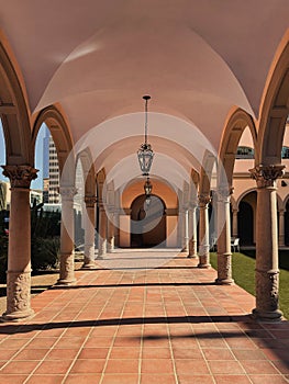 Sunset on colonnade with groin vaulted ceiling and Corinthian columns at the old Pima County Courthouse and Visitors Center