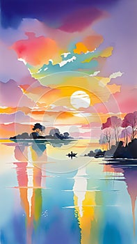 Sunset Colors Reflected on a Lake painting illustration Artificial intelligence artwork generated photo