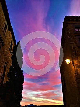 Sunset and colours, medieval atmosphere in Civita di Bagnoregio, Italy