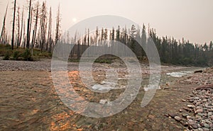 Sunset on confluence of South Fork Flathead River and Lost Jack Creek at Meadow Creek Gorge in Bob Marshall Wilderness - Montana