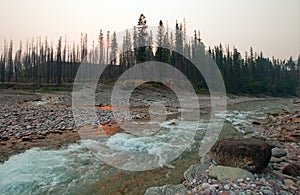 Sunset on confluence of South Fork Flathead River and Lost Jack Creek at Meadow Creek Gorge in Bob Marshall Wilderness - Montana