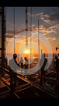 At sunset, construction site silhouettes include crane and diligent workers