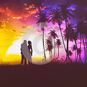 Sunset Couple Silhouette Retro Vintage Style