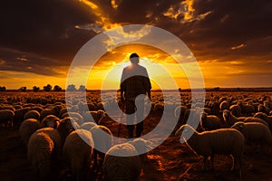 Sunset cowboy photo cowboy image. A man standing in front of a herd of sheep