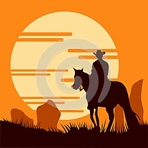 Sunset cowboy silhouette with cactus free vector