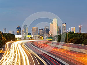 Sunset Dallas skyline with highway