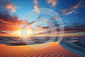 Sunset, dawn over sand dunes in the desert. Beautiful view of the desert