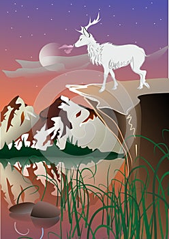 Sunset with deer and mountains