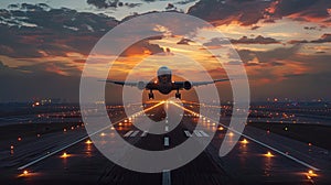 Sunset Departure: Passenger Plane Takes Off on Runway - This title conveys the concept of travel and adventure