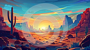 A sunset in a desert with cactus plants and rocks. Modern cartoon landscape of a highway in Arizona or Mexico with
