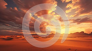 the sunset in a desert with clouds above it and footprints in the sand