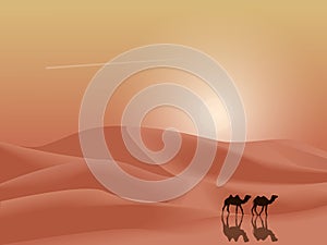 Sunset desert dunes with camels landscape background. Simple flat minimalism vector illustration