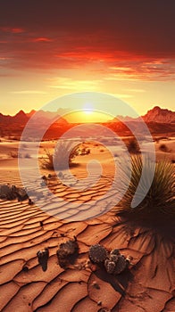Sunset on desert golden hours, with dry sand and sky, nature theme background photo