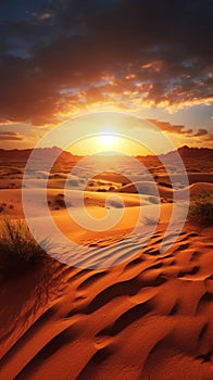 Sunset on desert golden hours, with sand and sky, nature theme background photo