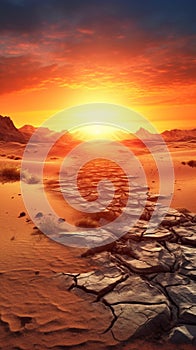 Sunset on desert golden hours, with dry sand and sky, nature theme background photo