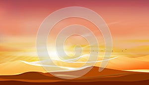 Sunset at desert landscape with sand dunes with orange sky in evening,Vector illustration beautiful nature with sunrise in the