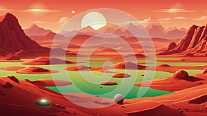 sunset in the desert Mars like landscape, alien planet background, red desert surface with mountains, craters,