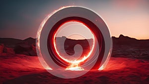 sunset in the desert A portal to another dimension, with a cosmic scenery and a red fire ring