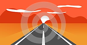 Sunset desert road way landscape vector graphic illustration flat cartoon simple background, red orange sunrise highway scenery