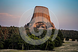 Sunset on Devils Tower Rising in the Distance, Devils Tower National Monument, Wyoming