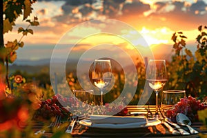 Sunset dining setup with wine glasses in a vineyard