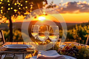 Sunset dining setup with wine glasses in a vineyard