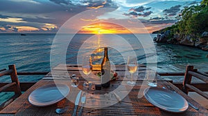 Sunset dinner by the ocean - generative ai photo