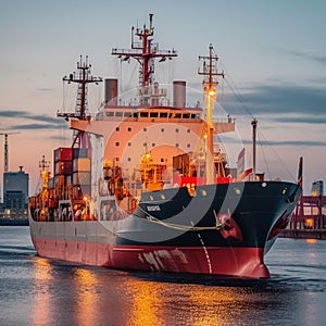 Sunset Docking: A Cargo Ship Arriving at Port