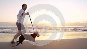Sunset, dog and man running for beach cardio, morning journey or exercise for furry canine on tropical island. Ocean