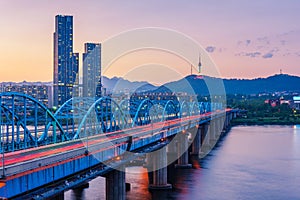 Sunset of Dongjak Bridge and Han river in Seoul City ,South korea