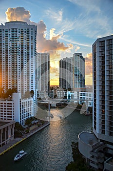 Sunset in downtown Miami with skyscraper. Skyline of residential buildings