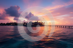 Sunset dreams Maldives seascape with water villas and vibrant sky