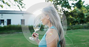 Sunset, drink and woman with wine in glass outdoor on farm tasting luxury alcohol in nature. Vineyard, winery and mature