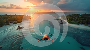 Sunset Drone Flight Over Tropical Island Shoreline