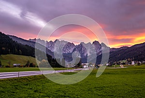 Sunset dusk Alps mountain countryside panoramic view Austria, Gosau village outskirts