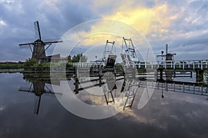 Sunset on the Dutch Kinderdijk Windmill