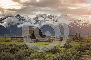 Sunset Effects over Famous old barn house in Grand Tetons National Park