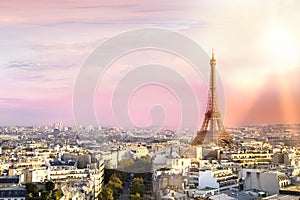 Sunset Eiffel tower and Paris city view form Triumph Arc. Eiffel Tower from Champ de Mars, Paris, France. Beautiful