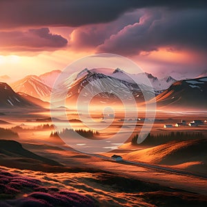 Sunset Elegance Paints a Breathtaking Panorama Across Iceland's Enchanting Landscape. Generative ai for illustrations