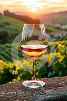 Sunset Elegance: Wine Glass in the Golden Hour. Generative ai