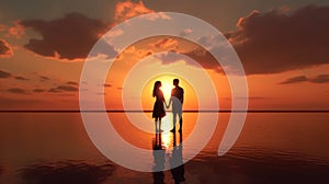 Sunset Embrace: Young Couples Silhouetted on the Beach