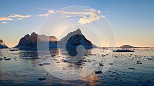 Sunset at the entrance of the Lemaire channel in Antarctica.