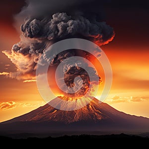 Sunset eruption Volcano spews fiery lava against the evening sky