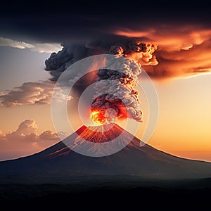 Sunset eruption Volcano spews fiery lava against the evening sky photo