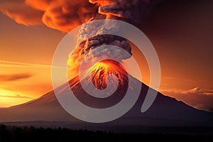 Sunset eruption Volcano spews fiery lava against the evening sky photo