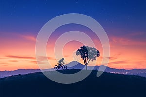 Sunset escapade mountain bikers silhouette framed against a stunning twilight